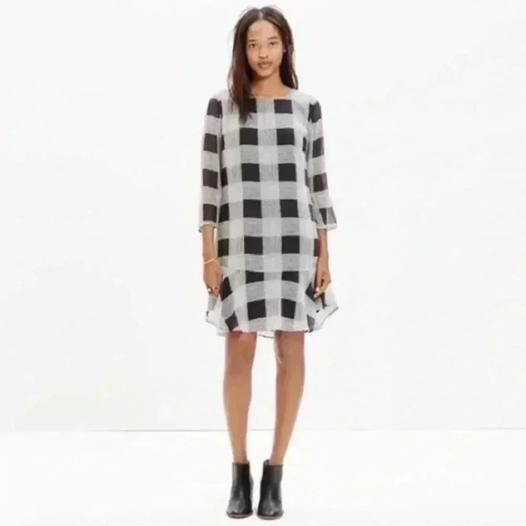 Madewell Dresses & Skirts - MADEWELL 100% Silk Dress Sz 0 Black & White Tile Print Sheer Sleeves Drop Waist